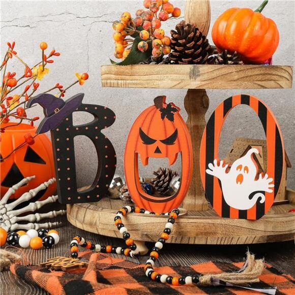Retro Halloween Black Orange Tiered Tray Decor Set of 3 Wooden Happy BOO Day - Picture 2 of 8